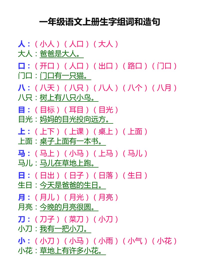 一年级语文上册生字组词和造句_01