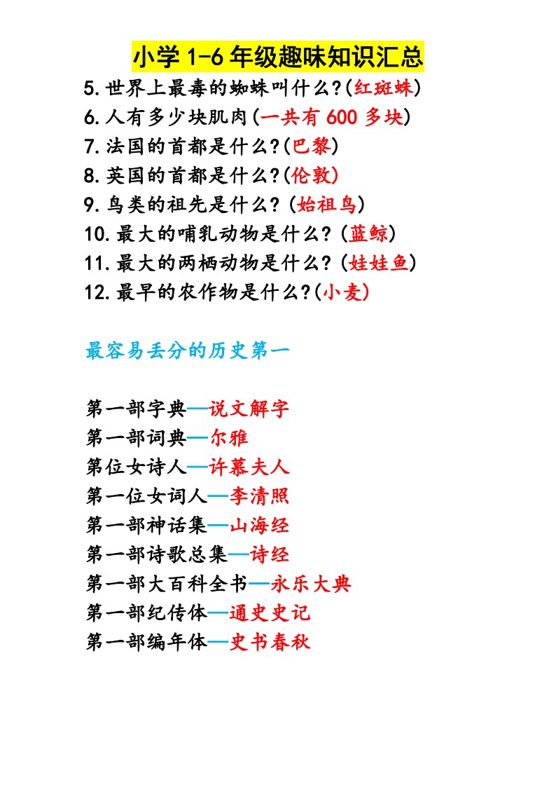 小学1-6年级趣味知识汇总_03