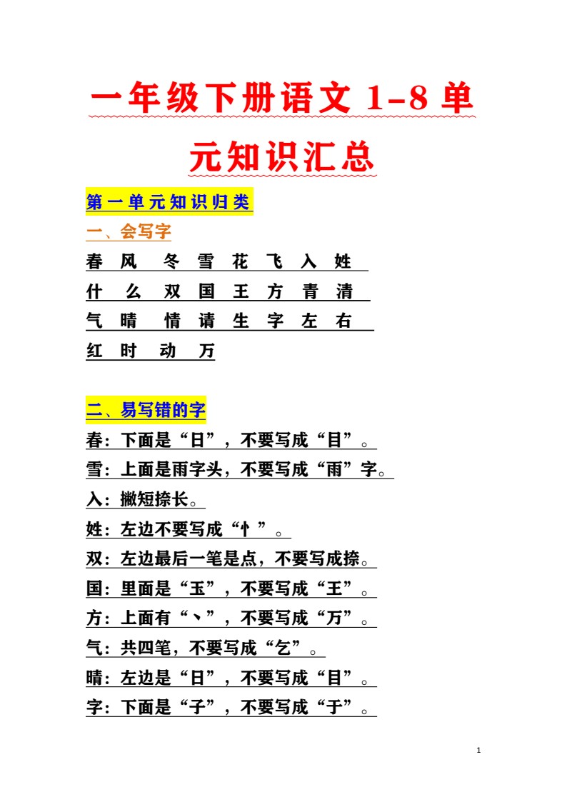 1_一年级下册语文1至8单元知识汇总_01