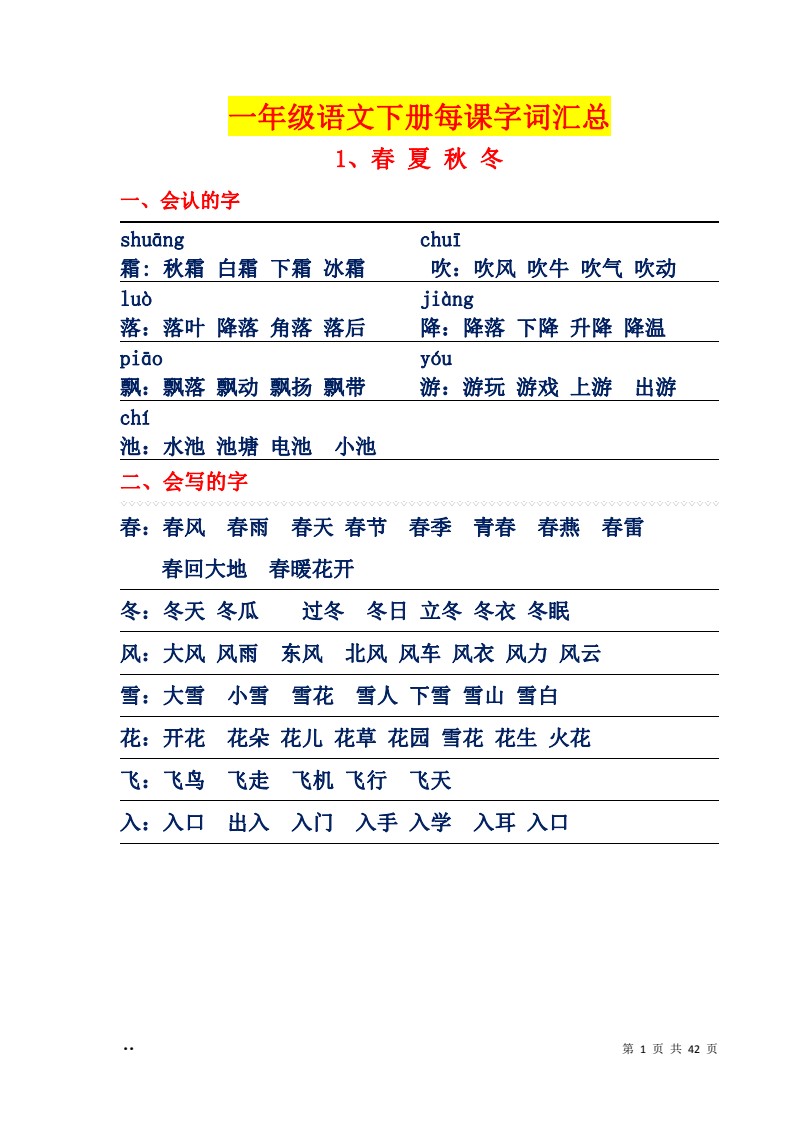1_一年级下册语文每课字词句汇总_01