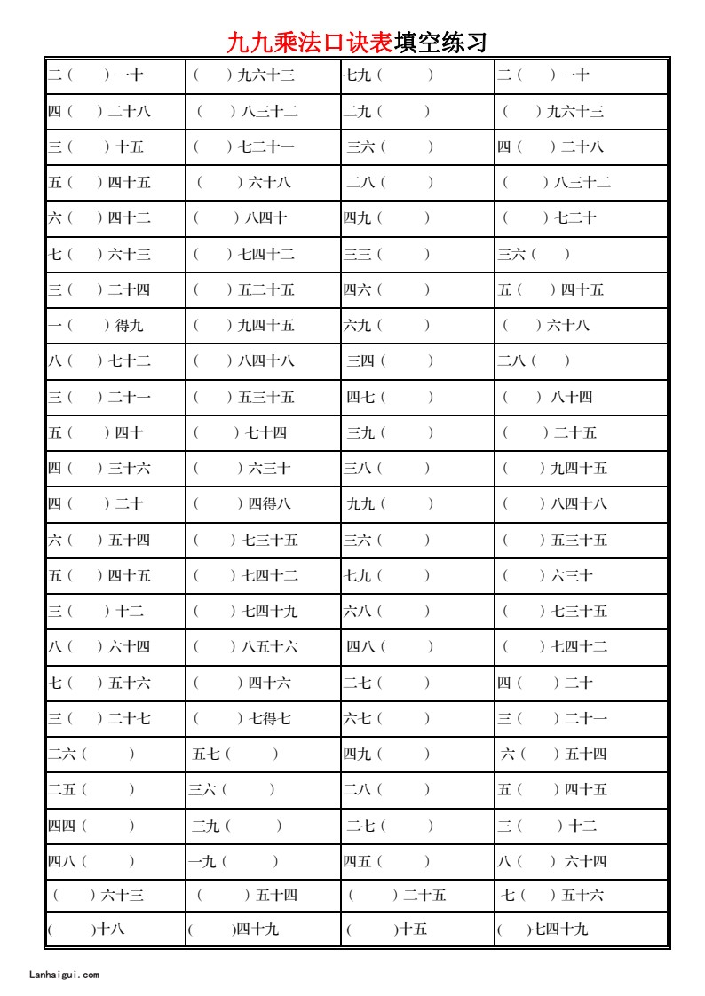 九九乘法口诀表填空练习(lanhaigui.com)_01