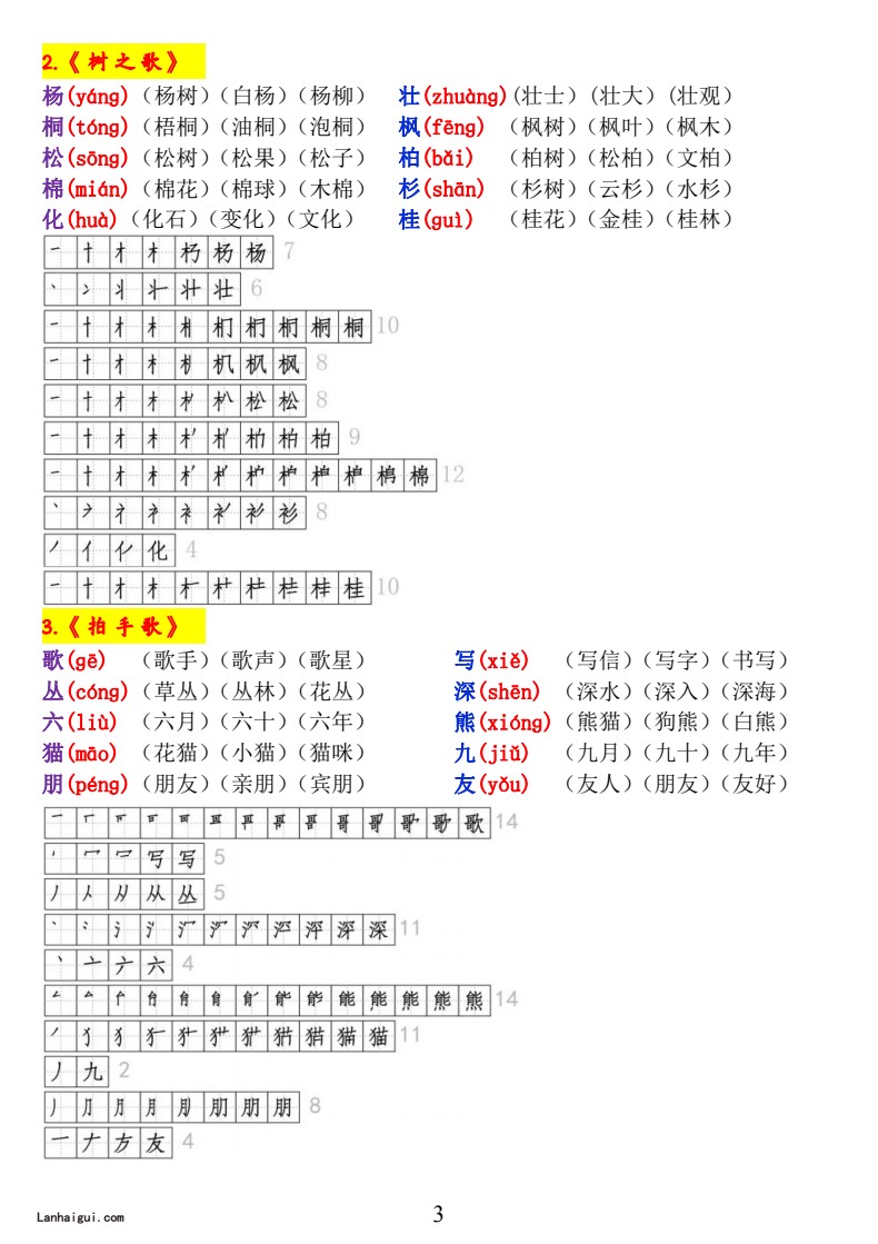 字词积累丨一年级语文暑假预习作业二上《生字拼音、笔顺、组词》-完整版(lanhaigui.com)_03